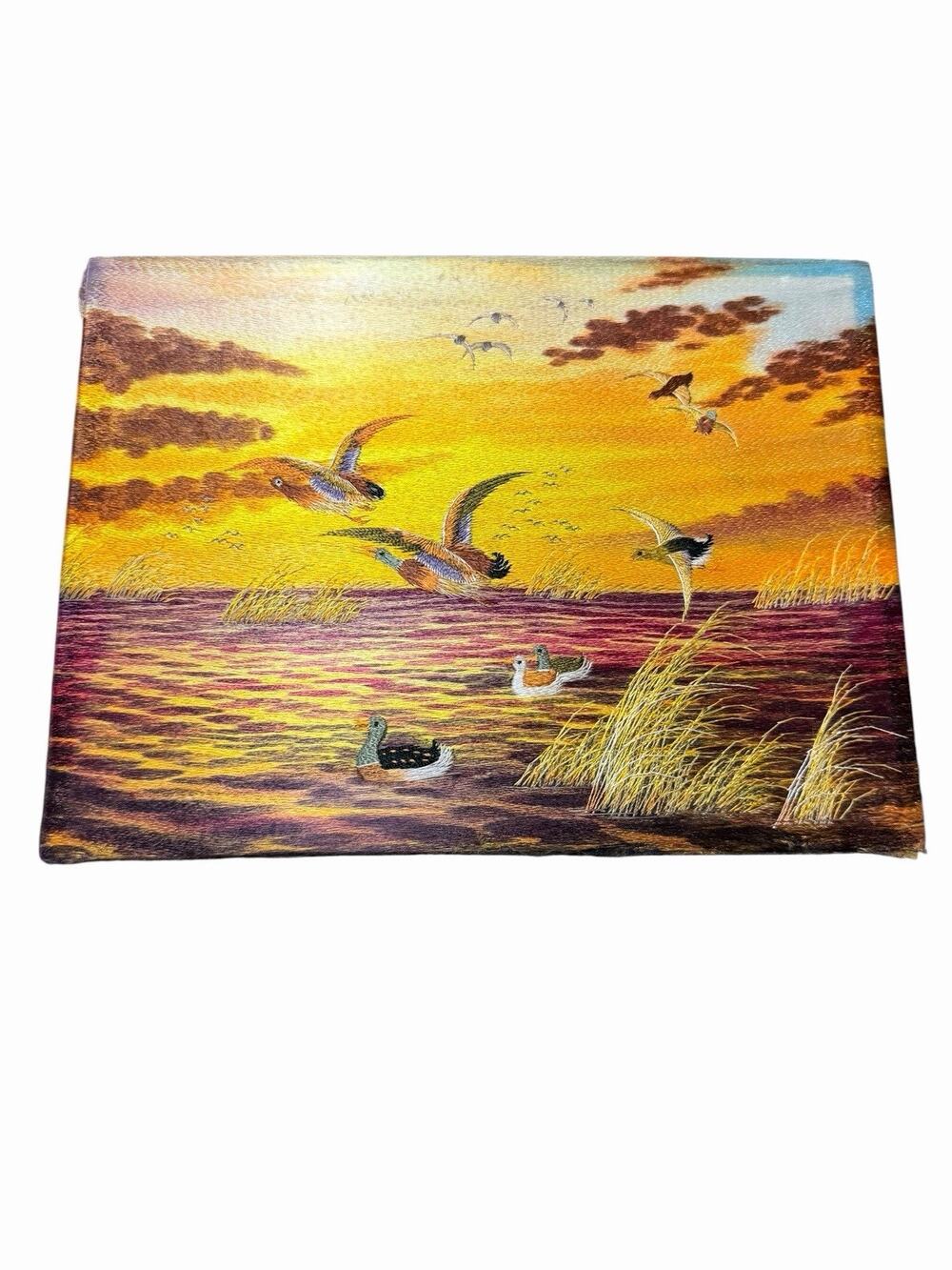 Vintage Needlepoint Embroidered Art Ducks Birds Sunset Lake 8x11 Picture Gallery